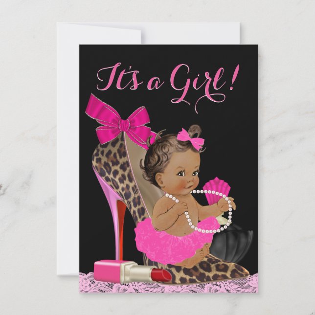 Hot Pink Leopard High Heel Shoe Ethnic Baby Shower Invitation (Front)