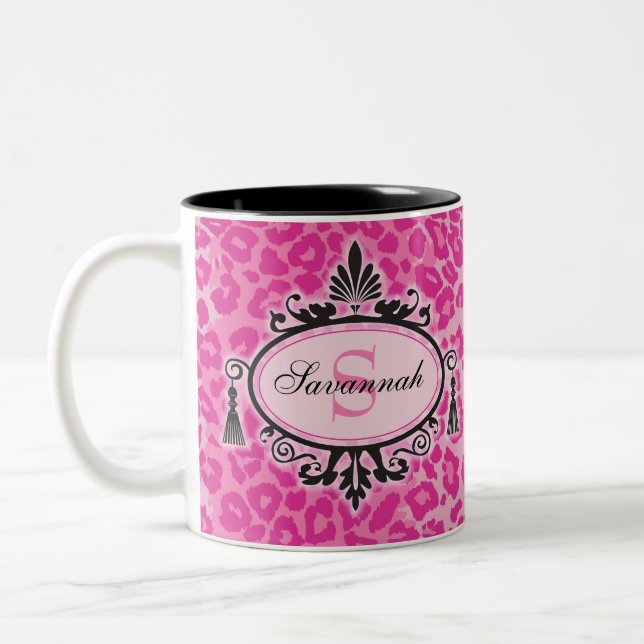 Hot Pink Leopard Pattern Custom Name & Monogram Two-Tone Coffee Mug (Left)