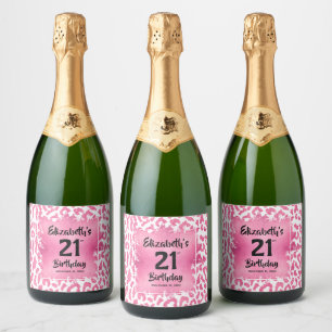 Hot Pink Leopard Print 21st Birthday Personalized Sparkling Wine Label