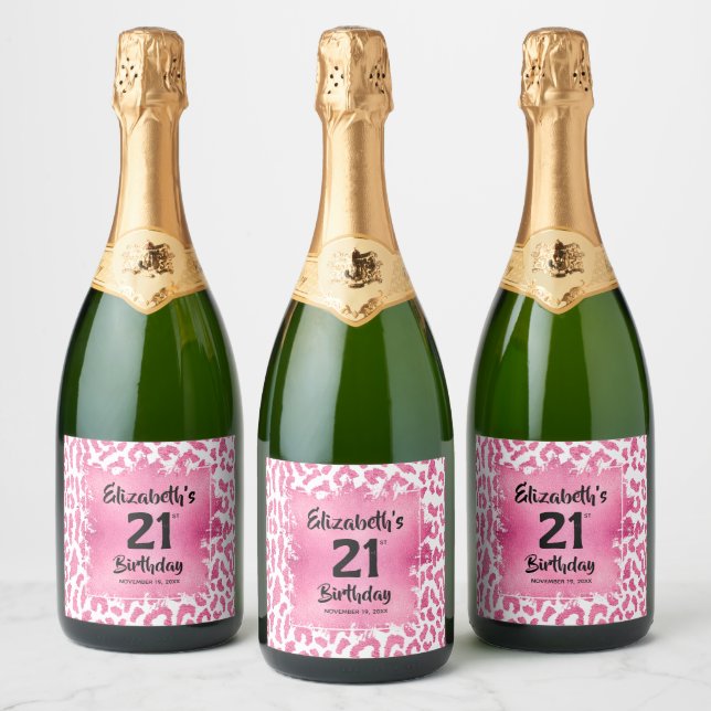Hot Pink Leopard Print 21st Birthday Personalized Sparkling Wine Label (Bottles)