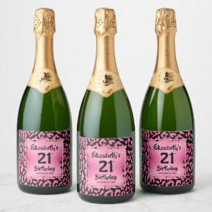 Hot Pink Leopard Print 21st Birthday Personalized Sparkling Wine Label