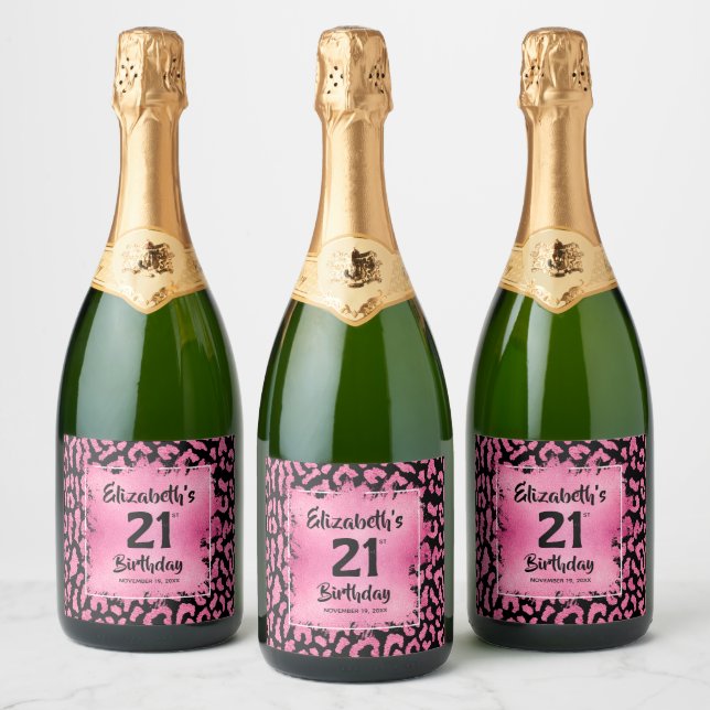 Hot Pink Leopard Print 21st Birthday Personalized Sparkling Wine Label (Bottles)