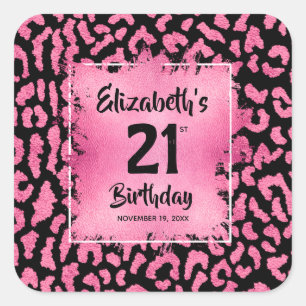 Hot Pink Leopard Print 21st Birthday Personalized Square Sticker