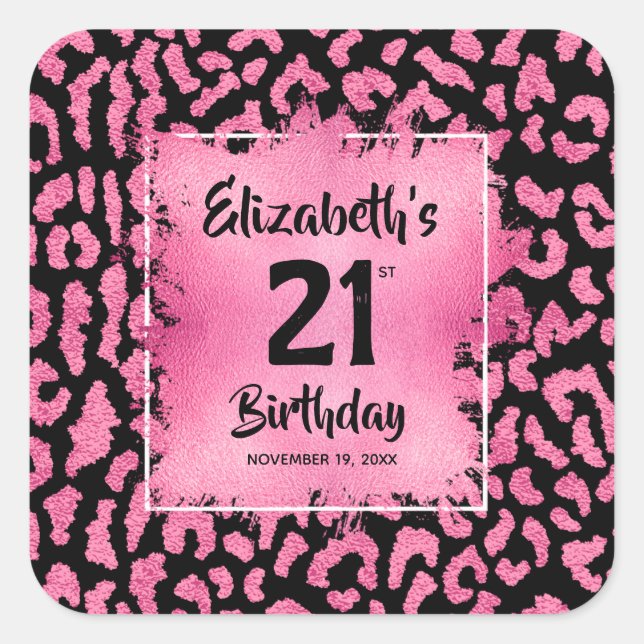 Hot Pink Leopard Print 21st Birthday Personalized Square Sticker (Front)