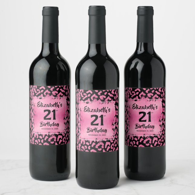 Hot Pink Leopard Print 21st Birthday Personalized Wine Label (Bottles)