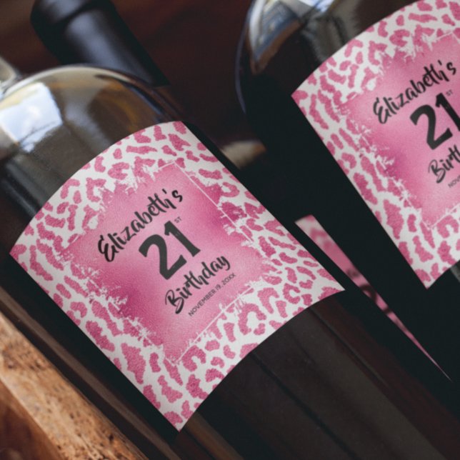 Hot Pink Leopard Print 21st Birthday Personalized Wine Label (Creator Uploaded)