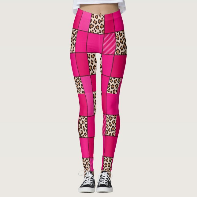 Hot Pink Leopard Print Patchwork Leggings (Front)