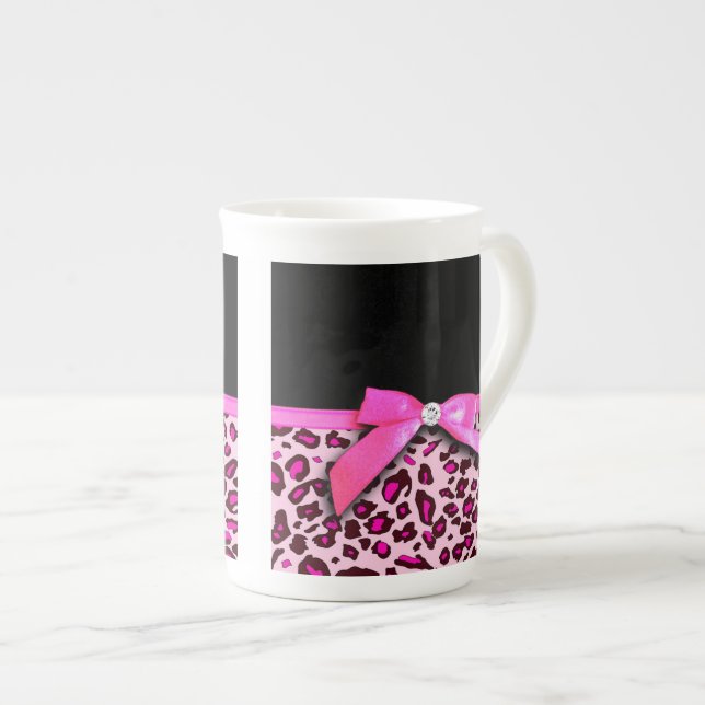 Hot pink leopard print ribbon bow graphic bone china mug (Front Right)