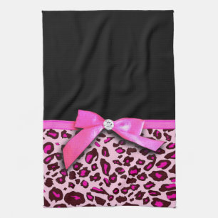 Hot pink leopard print ribbon bow graphic kitchen towel