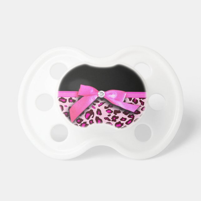 Hot pink leopard print ribbon bow graphic pacifier (Front)