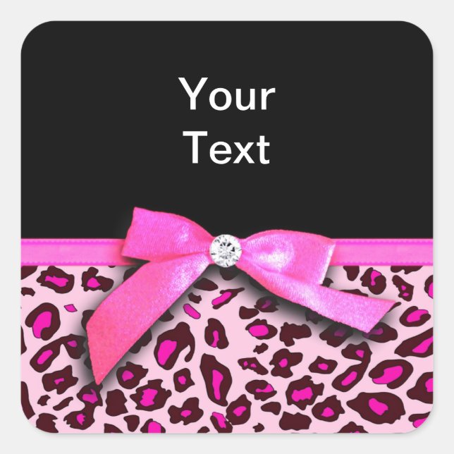 Hot pink leopard print ribbon bow graphic square sticker (Front)