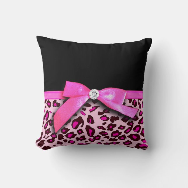 Hot pink leopard print ribbon bow graphic throw pillow (Front)