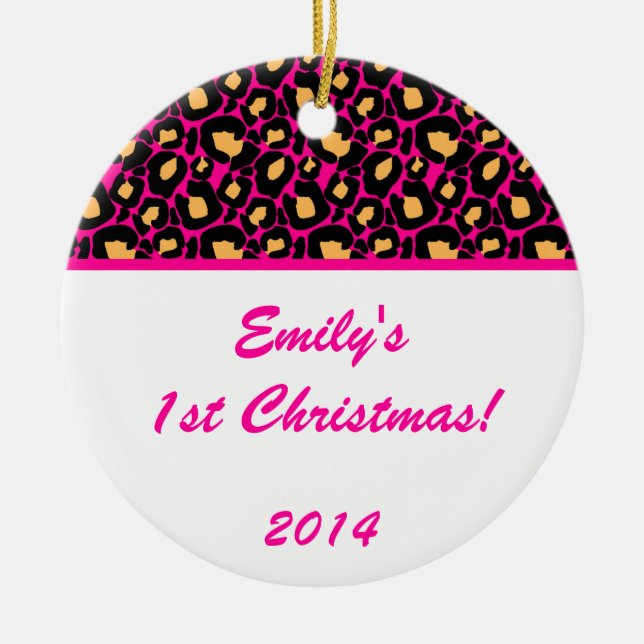 Hot Pink Leopard Spot Personalized Name Ornament (Front)
