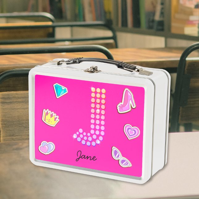Hot Pink Letter J Monogram Girly Back To School Metal Lunch Box (Front)