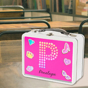 Hot Pink Letter P Monogram Girly Back To School Metal Lunch Box