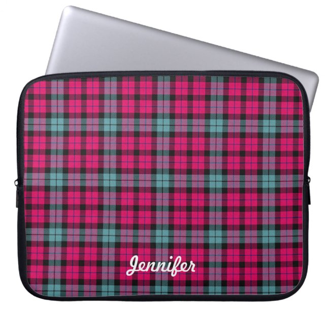 Hot Pink Light Blue Tartan Plaid Pattern Laptop Sleeve (Front)
