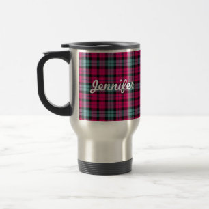 Hot Pink Light Blue Tartan Plaid Pattern Travel Mug