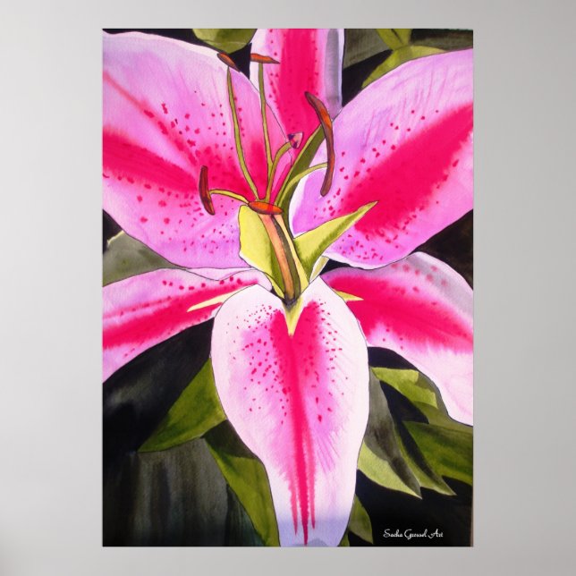 Hot Pink lily flower watercolor pop art painting Poster (Front)