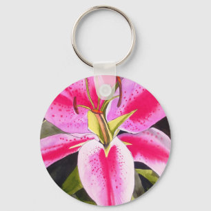 Hot pink lily Tenerife pop art watercolor flower Keychain