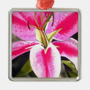 Hot pink lily Tenerife pop art watercolor flower Metal Ornament