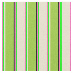 Hot Pink, Lime, Beige, Green & Black Stripes Fabric