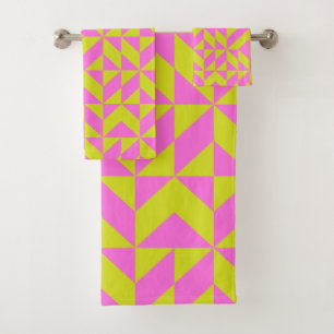 Hot Pink Lime Chartreuse Geometric Shape Pattern Bath Towel Set