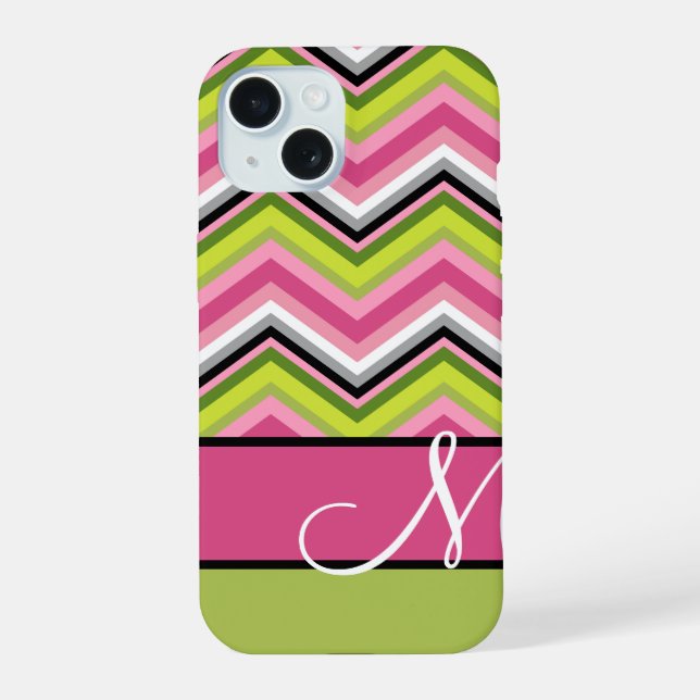 Hot Pink Lime Chevron Pattern Custom Monogram iPhone 15 Case (Back)
