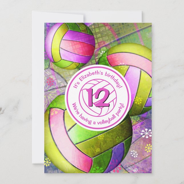 hot pink lime girls volleyball party invitation (Back)