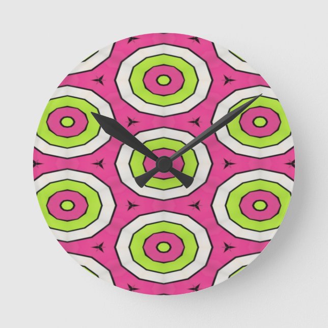 Hot pink, lime green and white bulls eye round clock (Front)