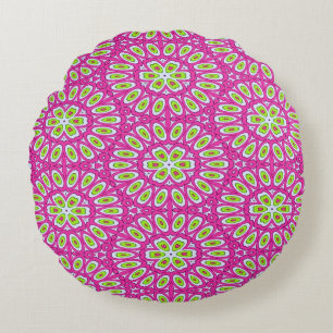 Hot Pink, Lime Green and White  Round Pillow