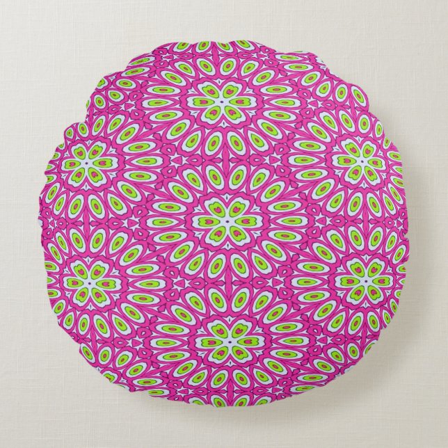 Hot Pink, Lime Green and White  Round Pillow (Front)