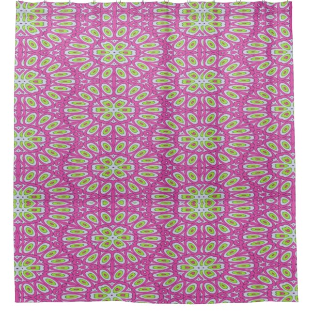 Hot pink, lime green and white shower curtain (Front)