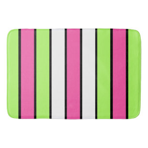 Hot Pink, Lime Green, Black and White Stripes Bath Mat