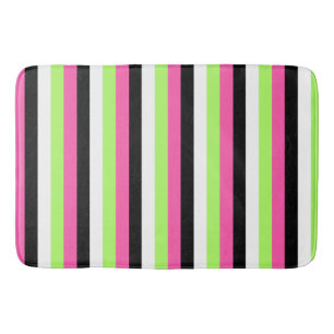 Hot Pink, Lime Green, Black and White Stripes Bath Mat