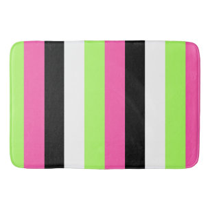 Hot Pink, Lime Green, Black and White Stripes Bath Mat