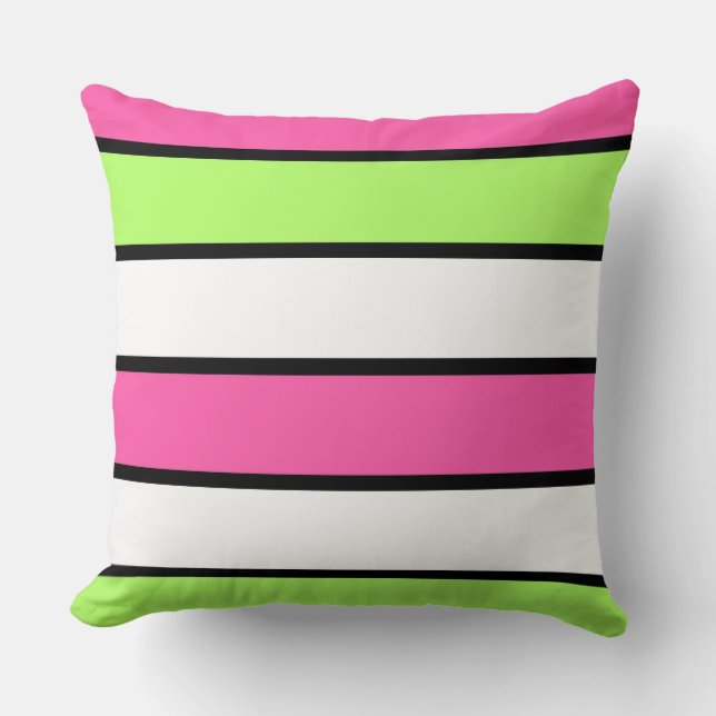 Hot Pink, Lime Green, Black and White Stripes Throw Pillow (Front)