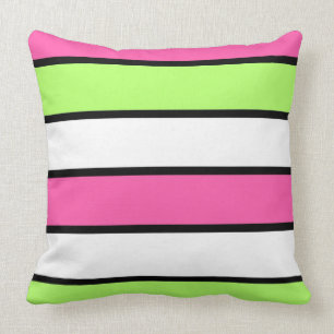 Hot Pink, Lime Green, Black and White Stripes Throw Pillow