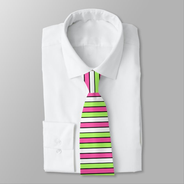 Hot Pink, Lime Green, Black and White Stripes Tie (Tied)