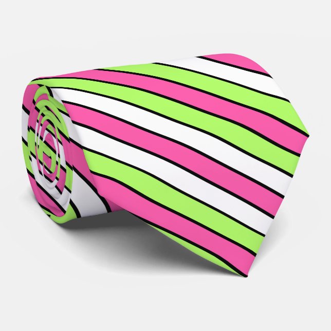 Hot Pink, Lime Green, Black and White Stripes Tie (Rolled)