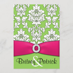 Hot Pink & Lime Green Damask Wedding Invitations