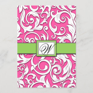 Hot Pink & Lime Green Damask Wedding Invitations
