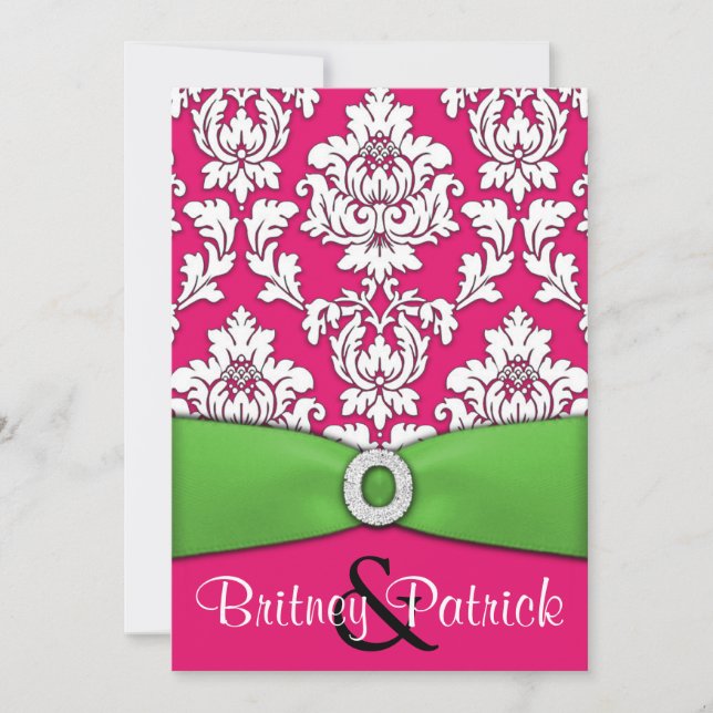 Hot Pink & Lime Green Damask Wedding Invitations (Front)