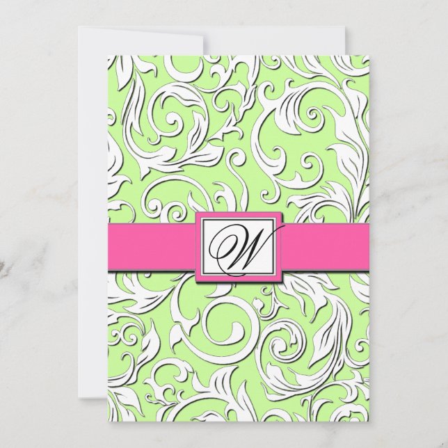 Hot Pink & Lime Green Damask Wedding Invitations (Front)