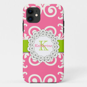 Hot Pink Lime Green Swirls Floral Pattern iPhone 11 Case
