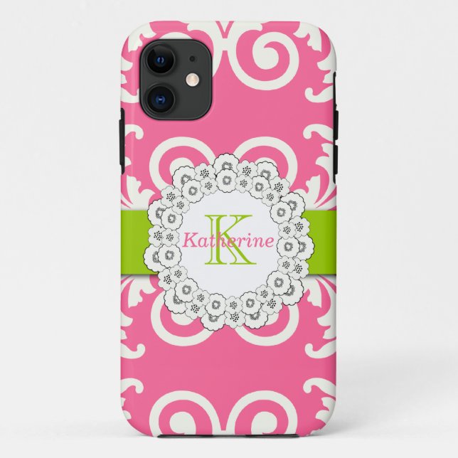 Hot Pink Lime Green Swirls Floral Pattern Case-Mate iPhone Case (Back)