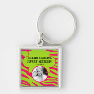 Hot Pink Lime Zebra Print Animal Patter Key Chain