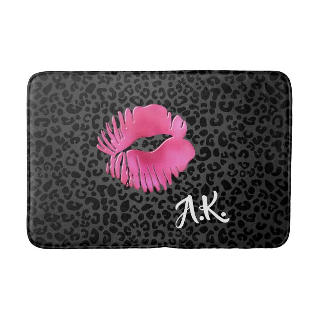 Hot Pink Lipgloss Kiss Black Leopard With Monogram Bath Mat (Front)