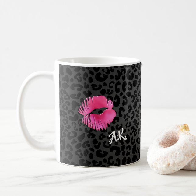 Hot Pink Lipgloss Kiss Black Leopard With Monogram Coffee Mug (With Donut)