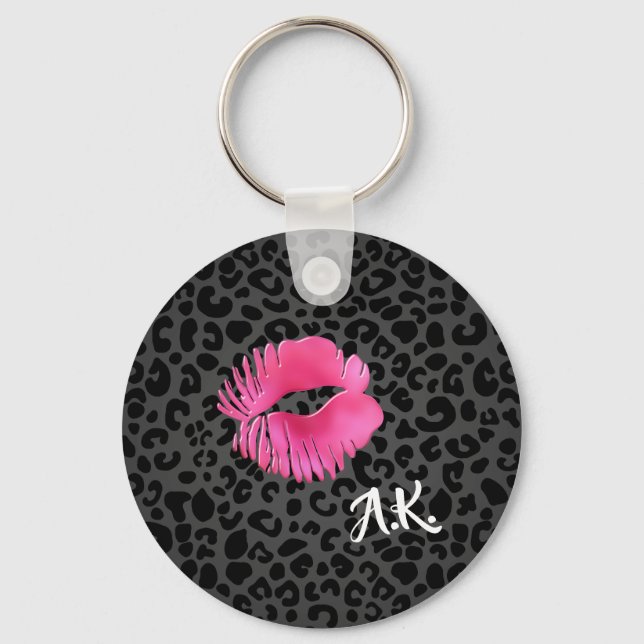 Hot Pink Lipgloss Kiss Black Leopard With Monogram Keychain (Front)