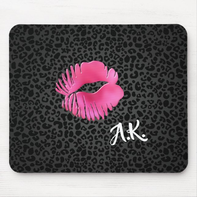 Hot Pink Lipgloss Kiss Black Leopard With Monogram Mouse Pad (Front)